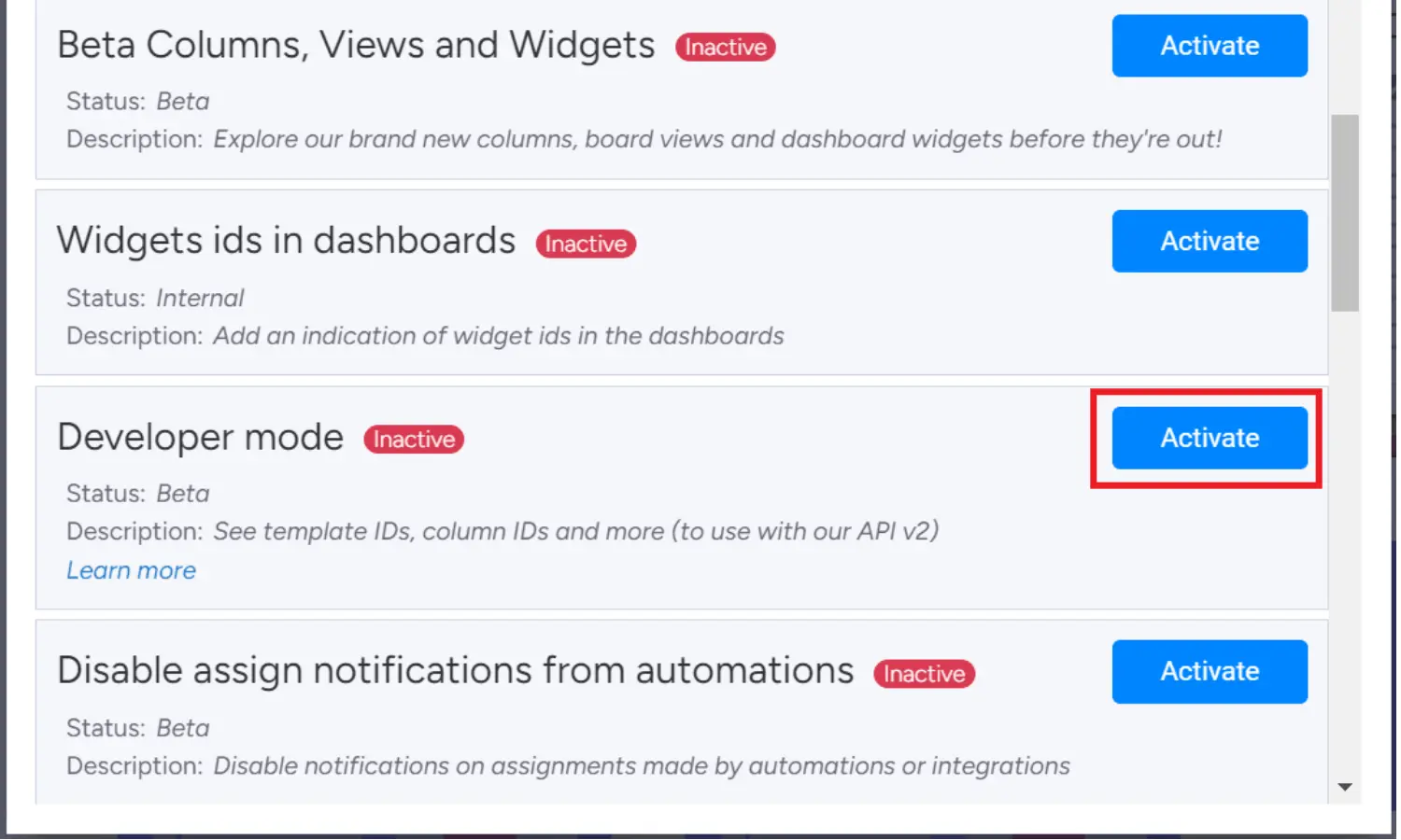 Activate monday Developer Mode
