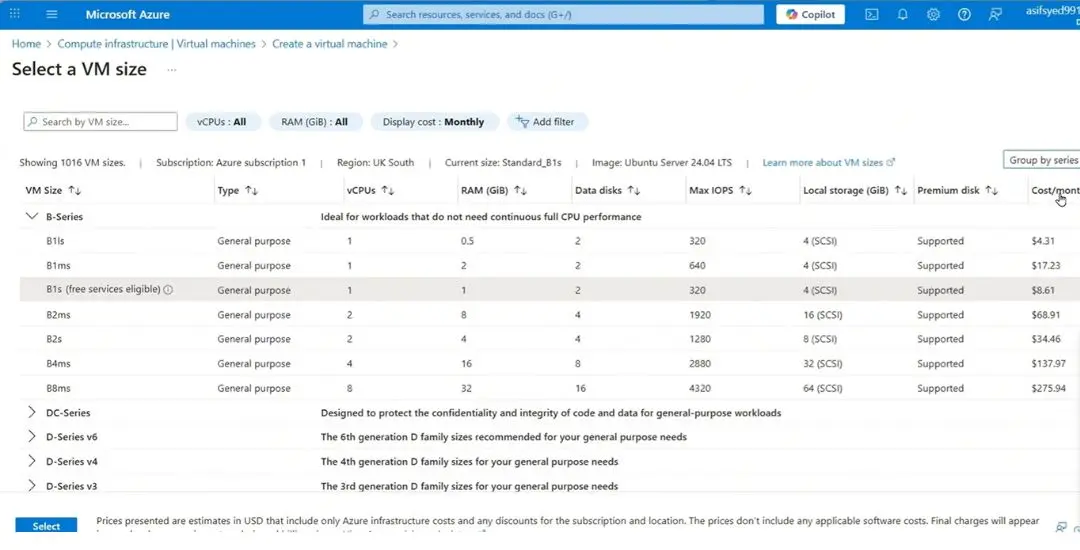 Azure free service eligible VM B1S