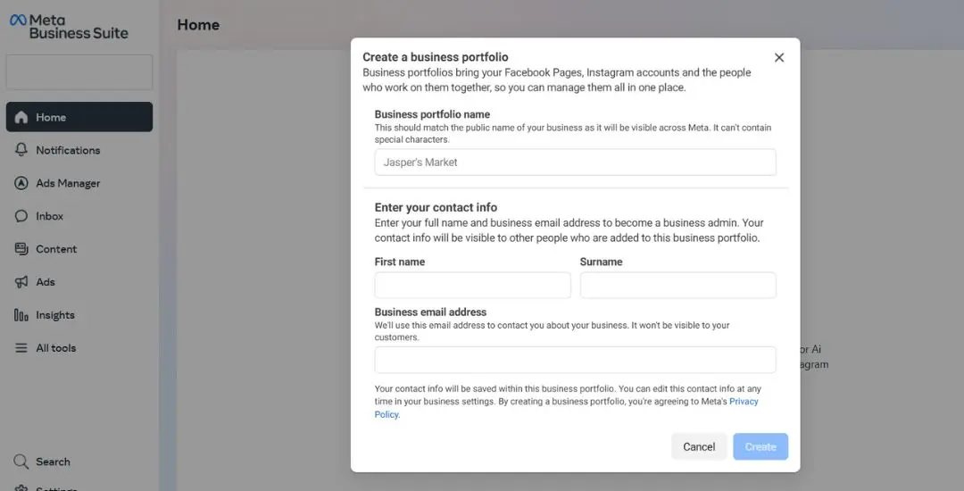 Create a meta business portfolio