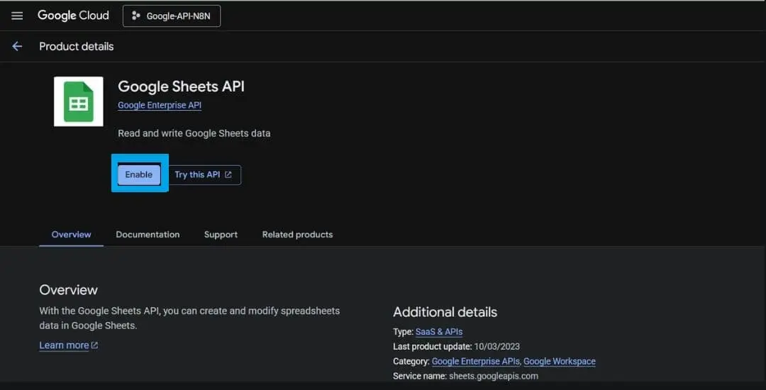 enable google sheets api