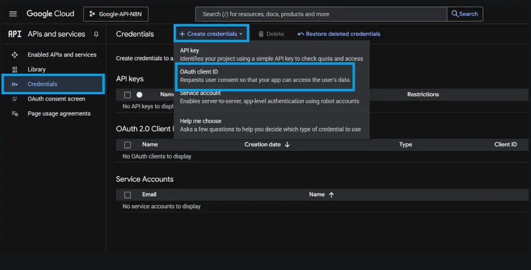google api create credentials