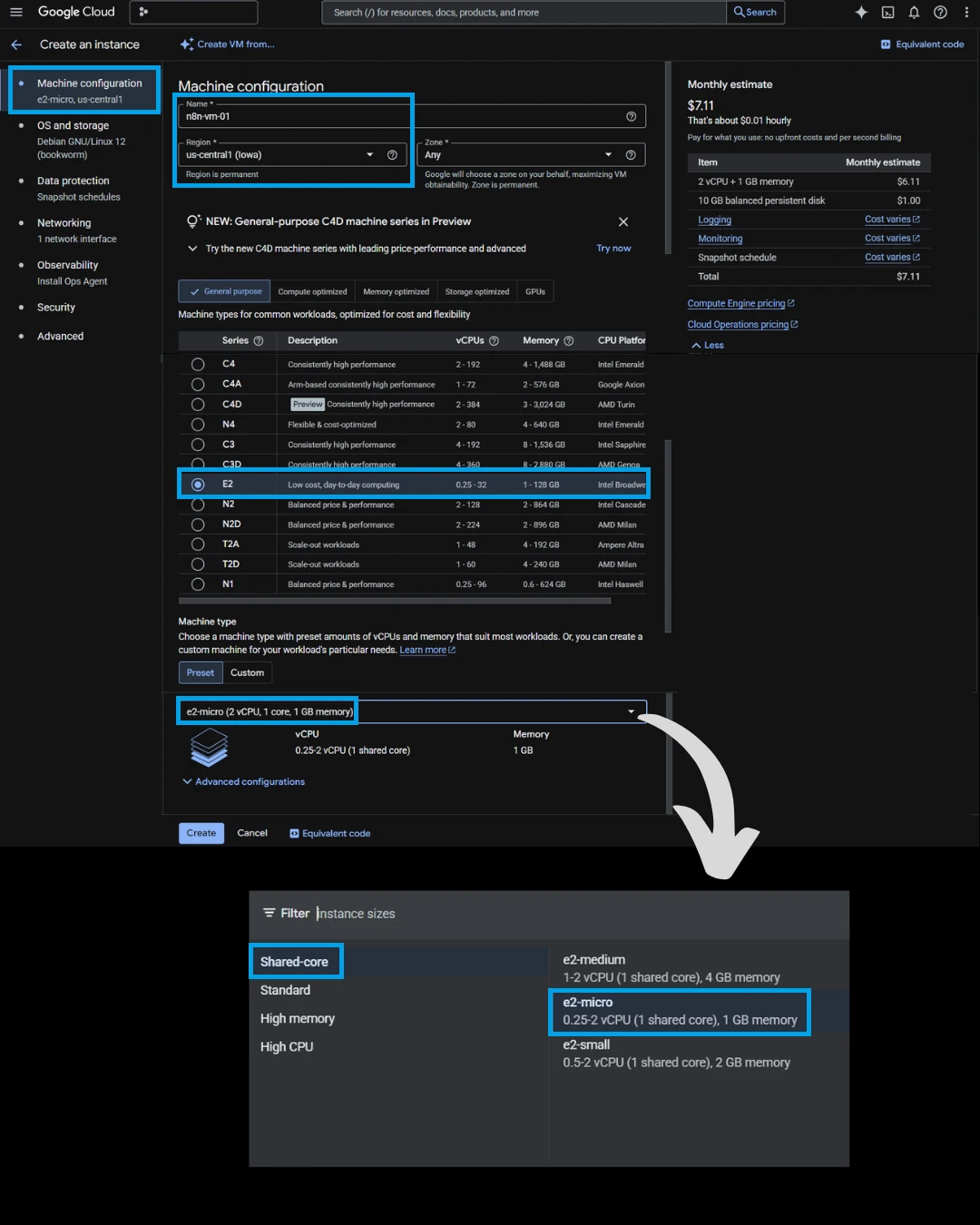 n8n For Free on Google Cloud -Configure VM spec