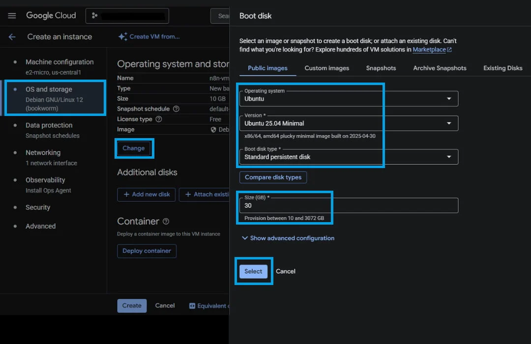 n8n For Free on Google Cloud Configure VM - Disk Config