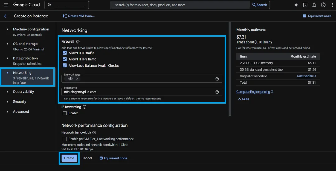 n8n For Free on Google Cloud Configure VM - Network Config