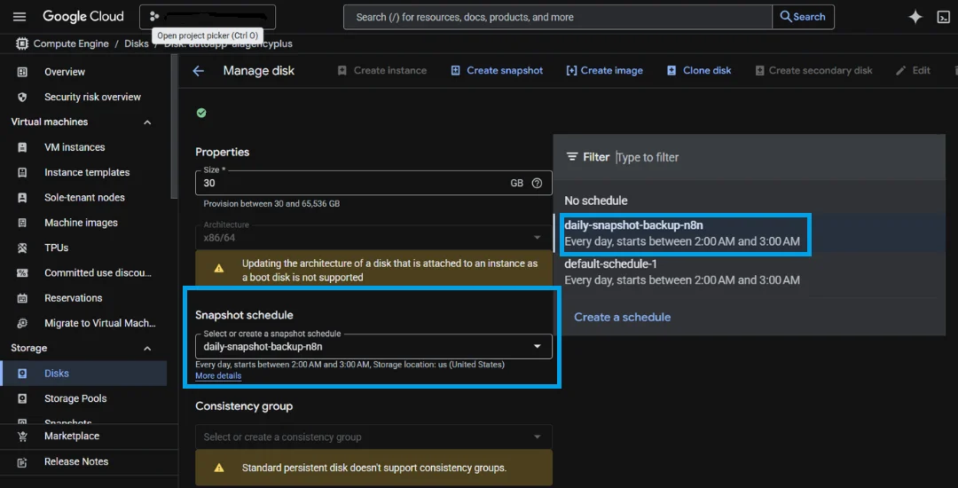 n8n-vm-backup set snapshot schedule